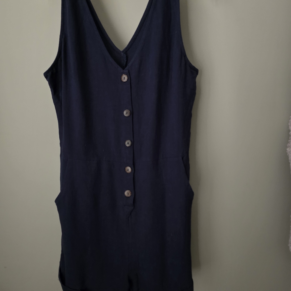 Navy Sleeveless Button-Up Romper (Linen Feel)